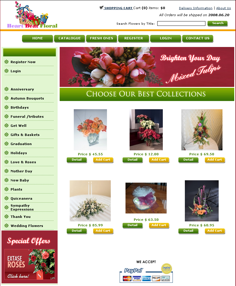 Heart Beat Floral,Online Shopping Cart, Customized Shopping System, Cheap Shopping Solution, FedEx Process, USPS Process, PayPal IPN, Autorize.Net, Cybersource Solution,