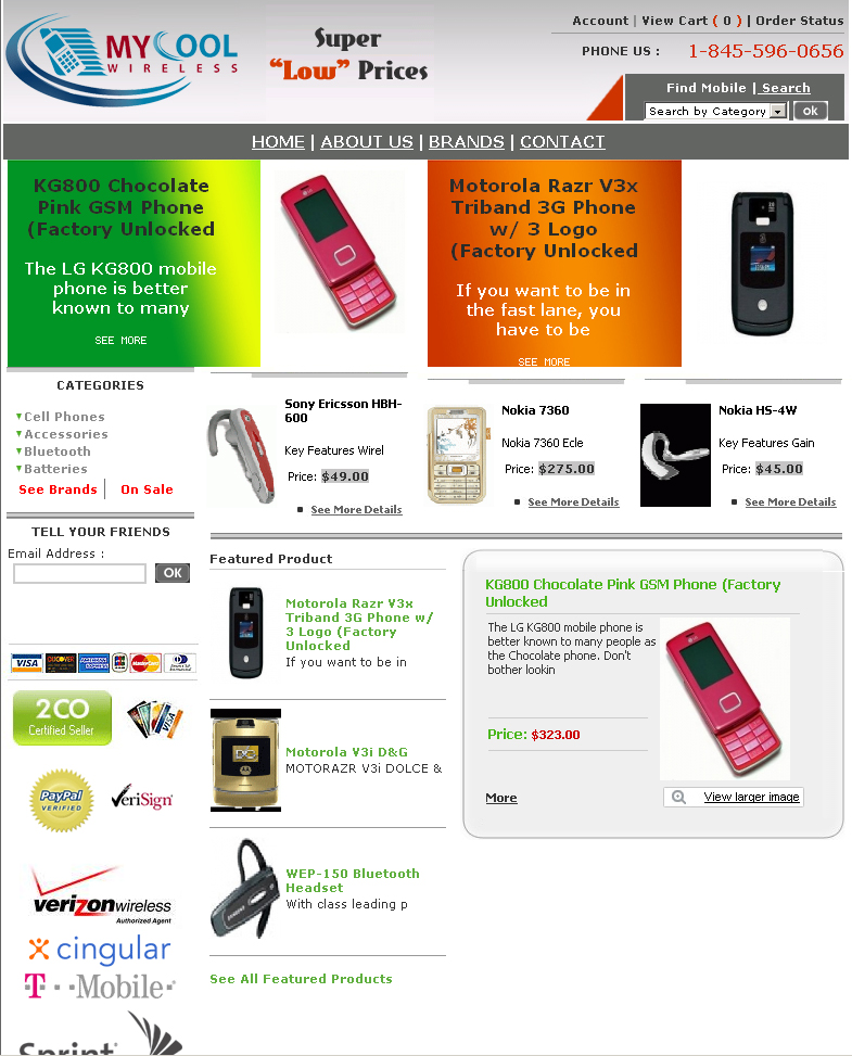 My Cool Wireless,Online Shopping Cart, Customized Shopping System, Cheap Shopping Solution, FedEx Process, USPS Process, PayPal IPN, Autorize.Net, Cybersource Solution,